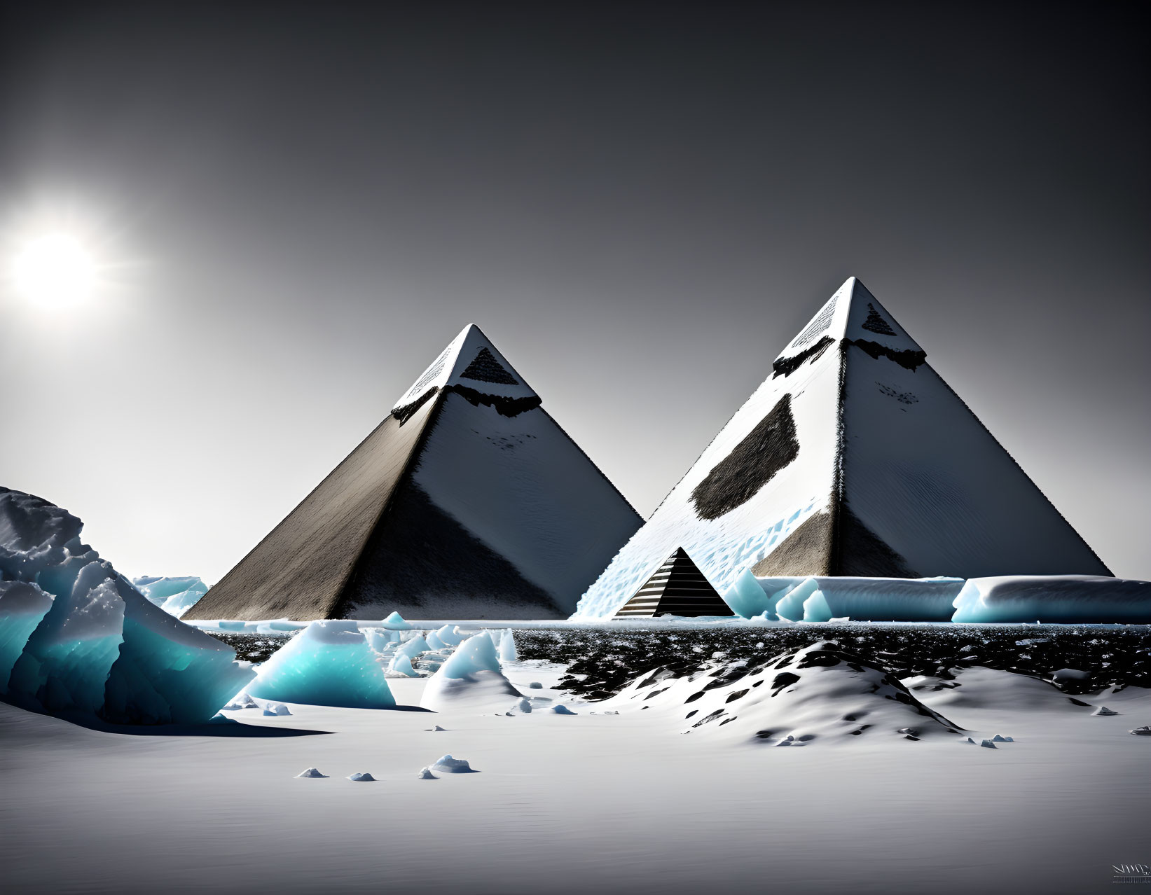 Pyramids in Snowy Polar Landscape under Bright Sun