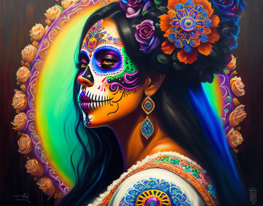 Colorful portrait of woman with Day of the Dead makeup and floral crown