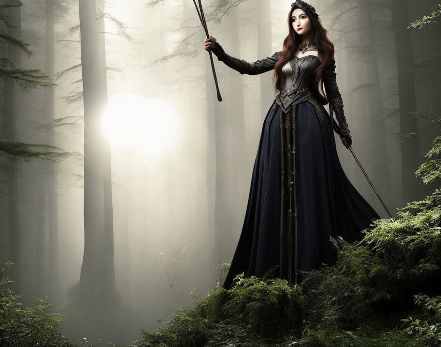 Medieval woman in dress with staff in misty forest sunlight.