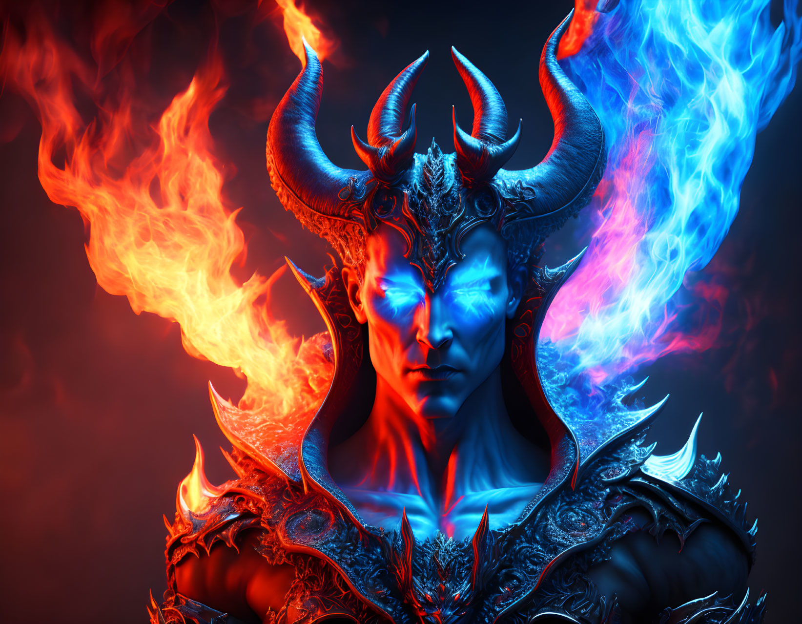 Blue-skinned demonic figure with large horns engulfed in flames and blue fire, displaying intense gaze