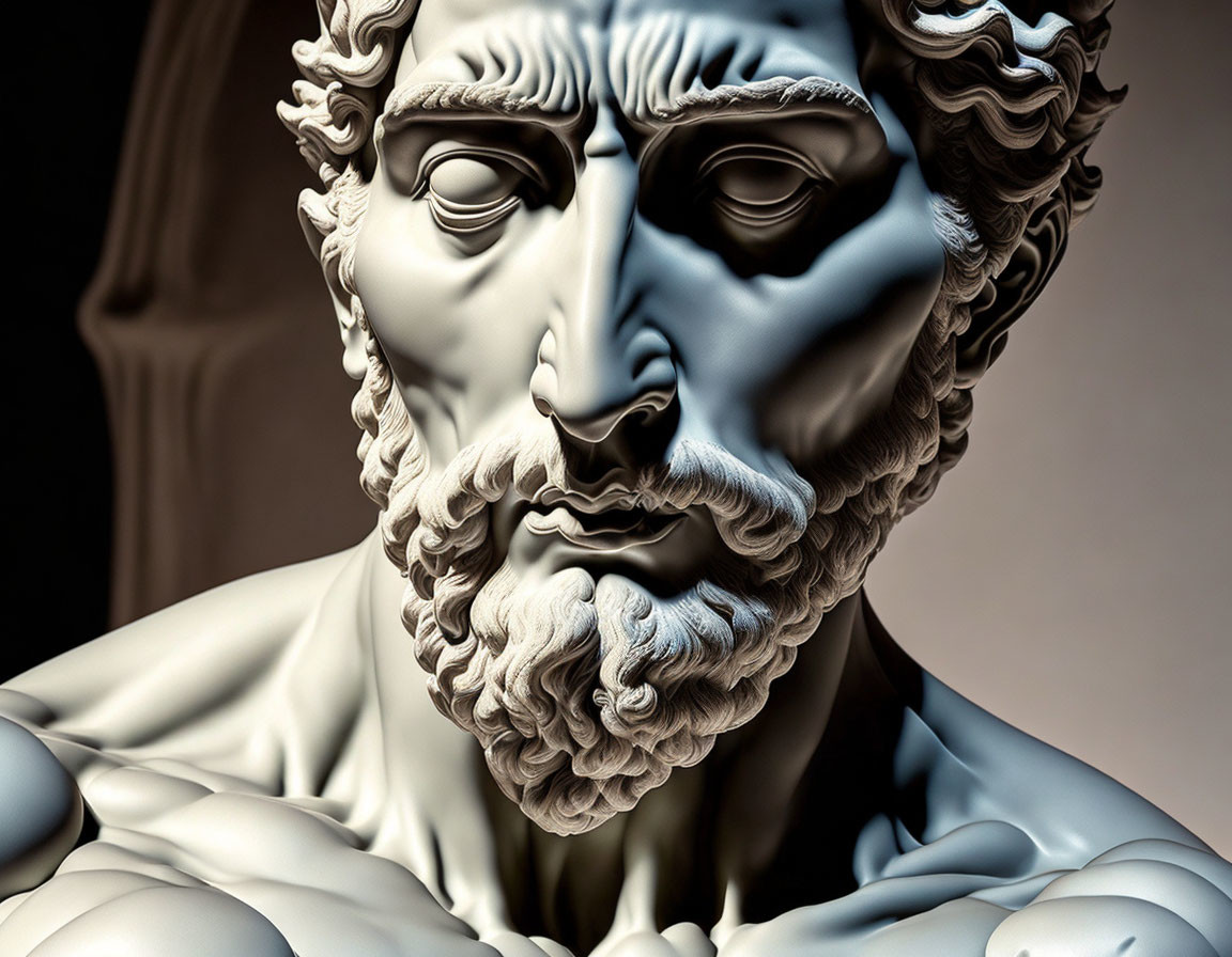 Detailed Close-Up of Bearded Male Classical Sculpture