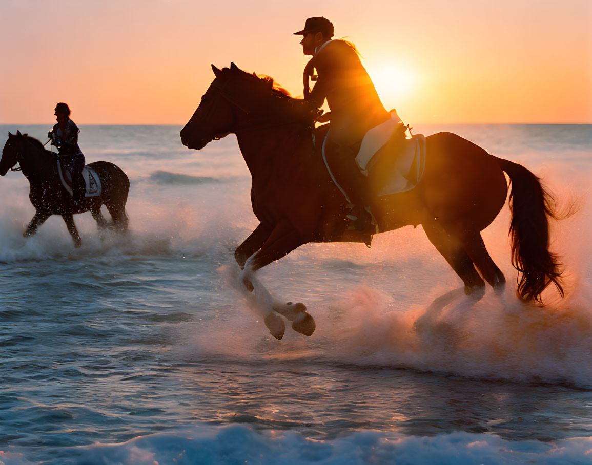 Two horseback riders galloping in ocean at sunset with vivid orange sky