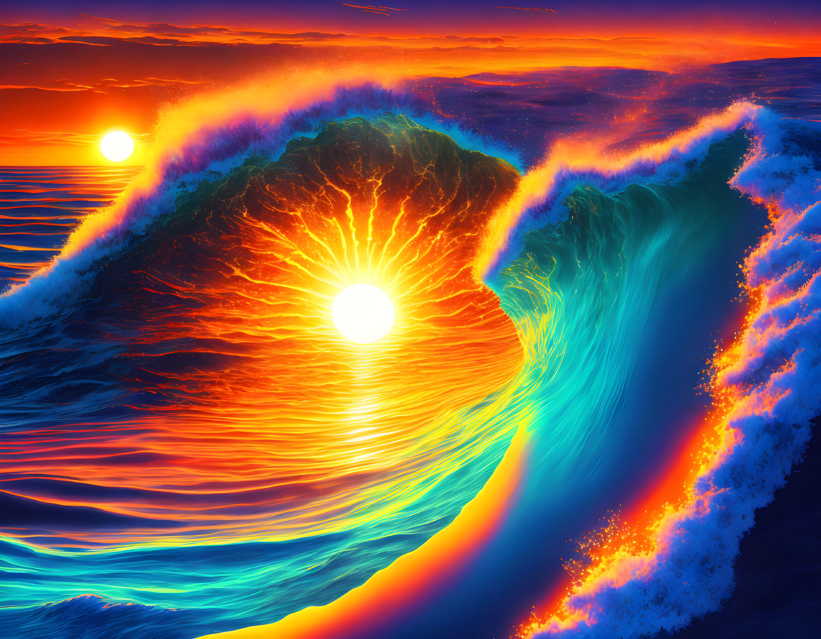 Surreal ocean wave digital artwork with dual sunsets in fiery sea