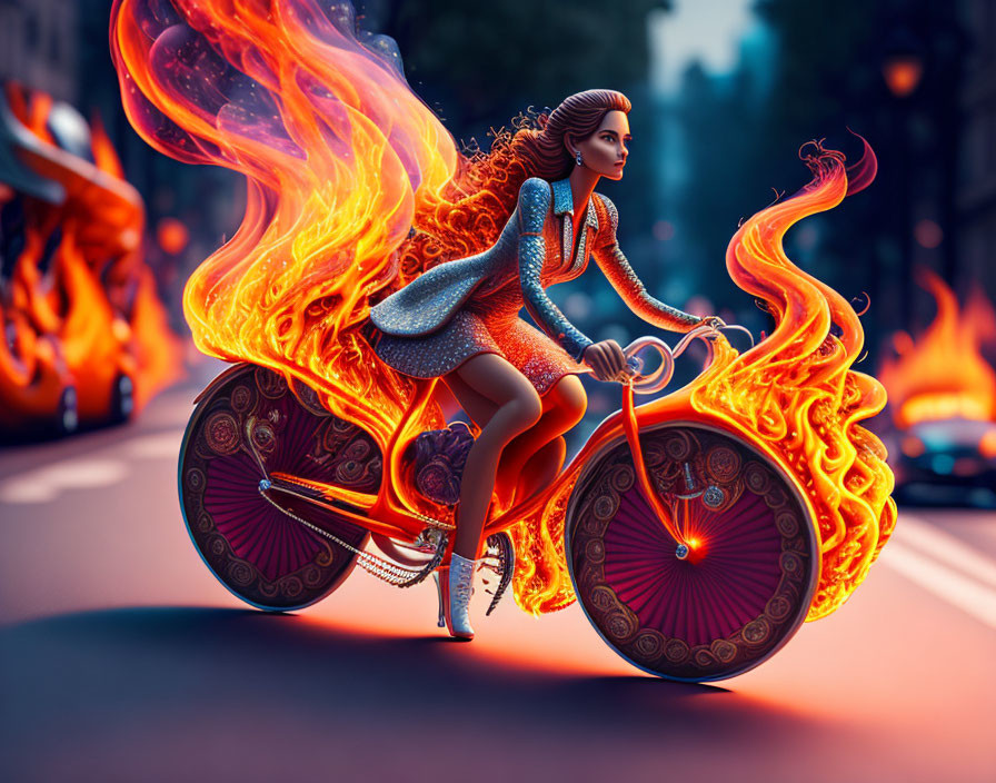 Illustration of woman on fiery bicycle in blazing street