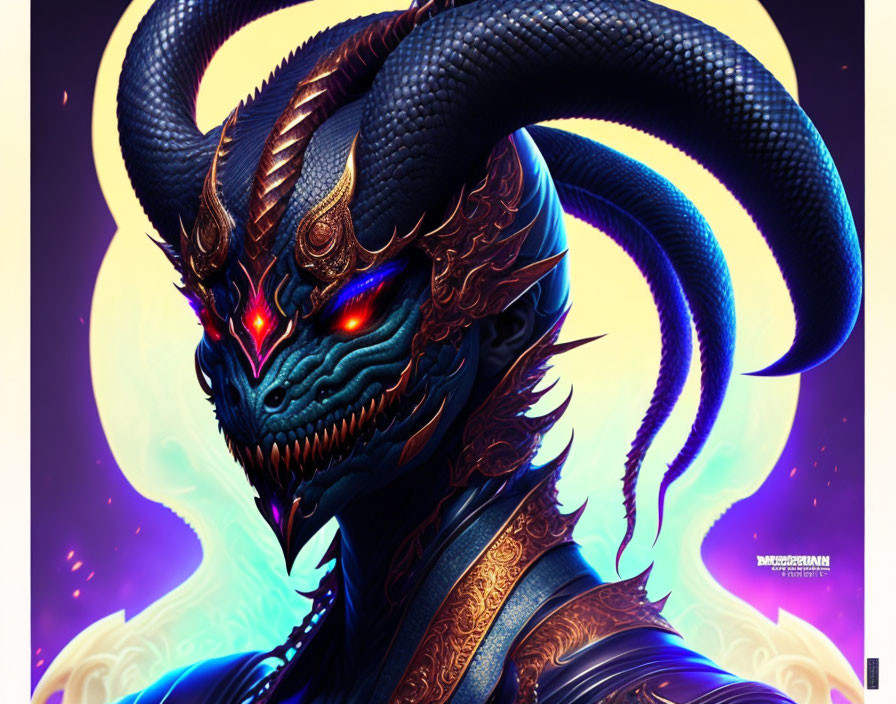 Detailed Dragon-Humanoid Creature Artwork with Glowing Red Eyes