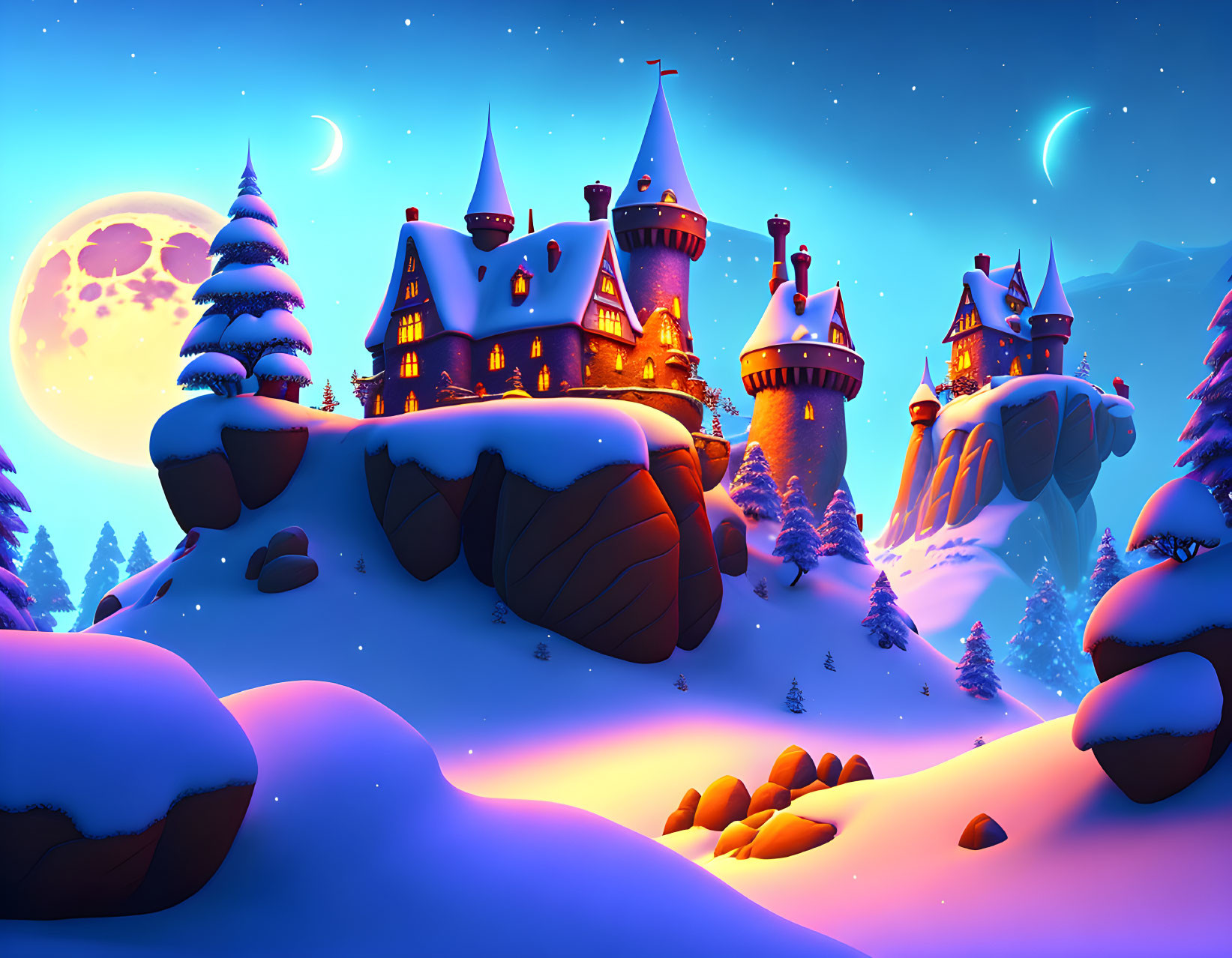 Snow-covered castle under crescent moon and stars in vibrant blue sky