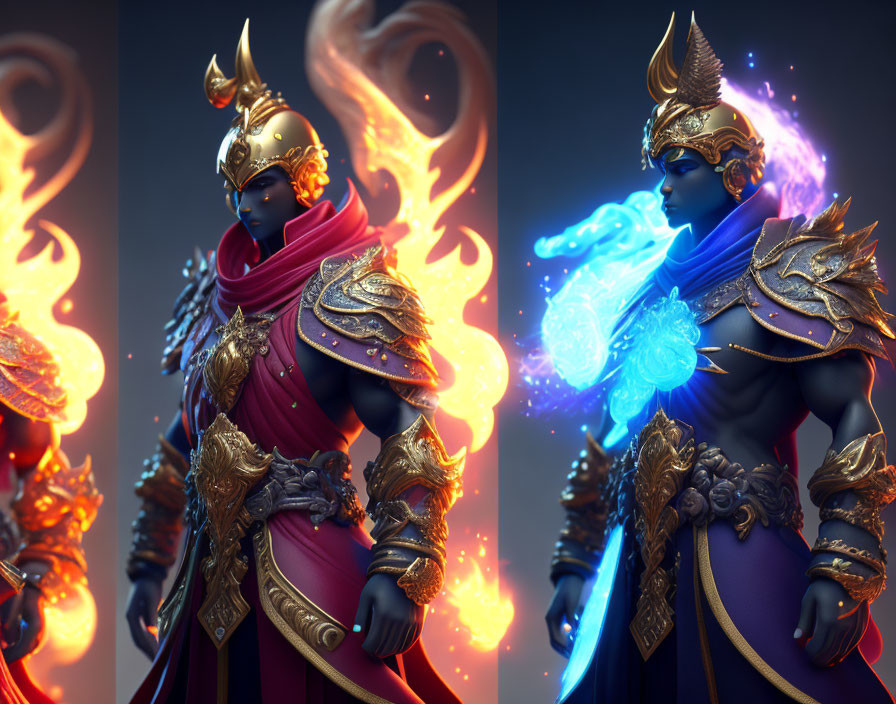 Character in ornate golden armor and red/blue cloak with ethereal flames - Stylized Image