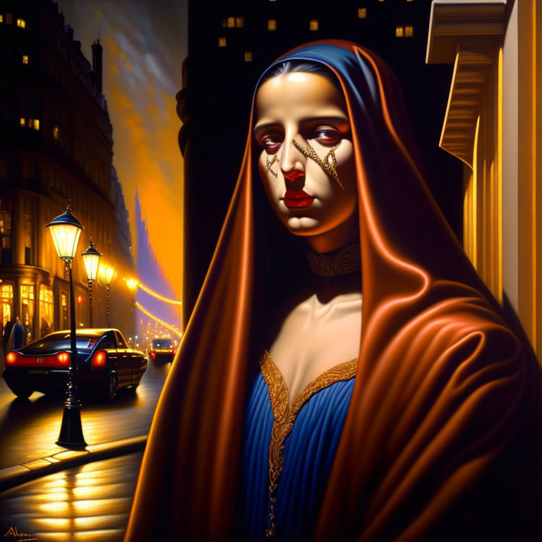 Surreal painting of veiled woman in orange cloak against night cityscape