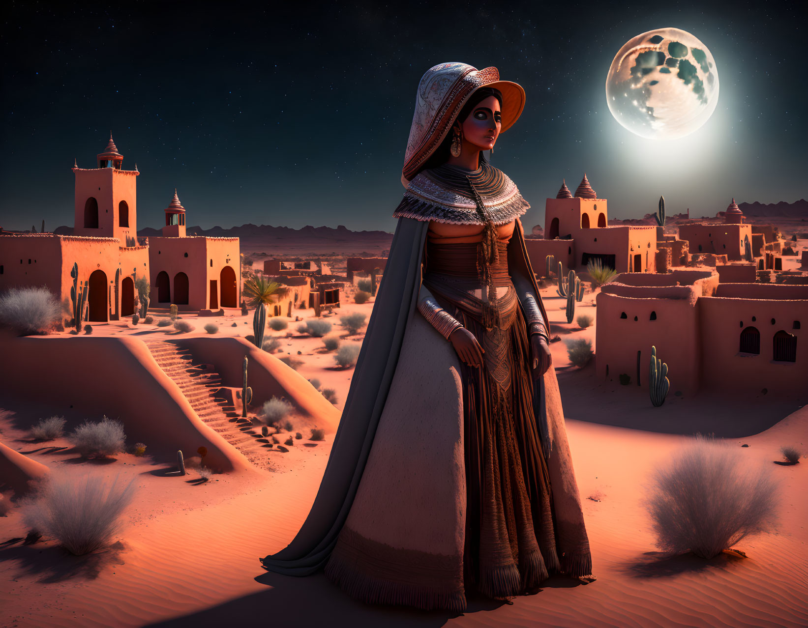 Woman in traditional attire under full moon in desert at nightfall