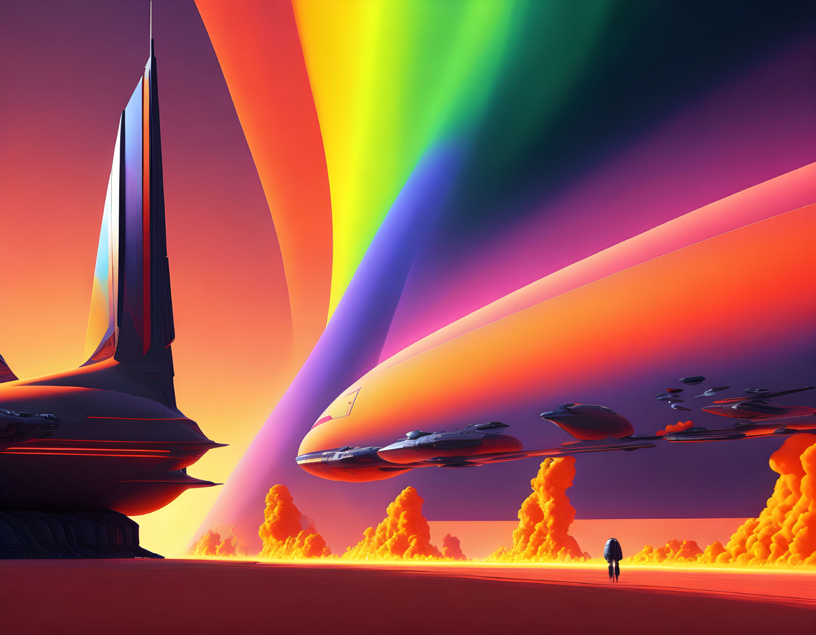 Person under surreal rainbow sky with futuristic structures and flying vehicles on an alien planet