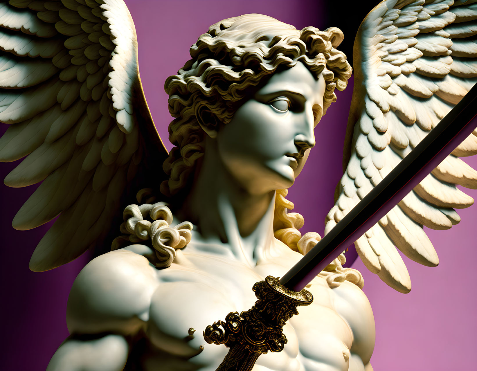 Detailed Angel Sculpture with Sword on Pink Background