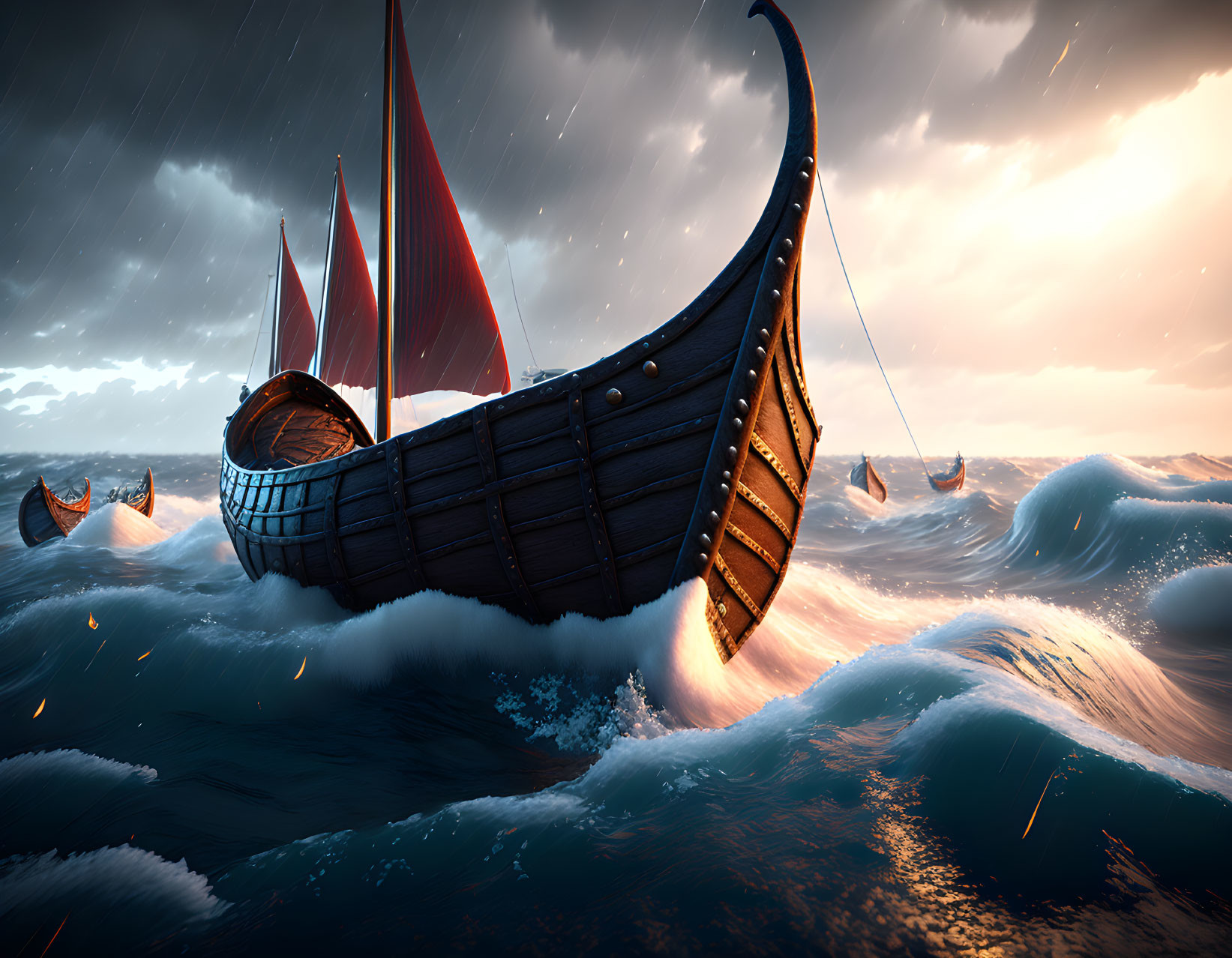 Red-sailed Viking ships in stormy ocean with dramatic sky