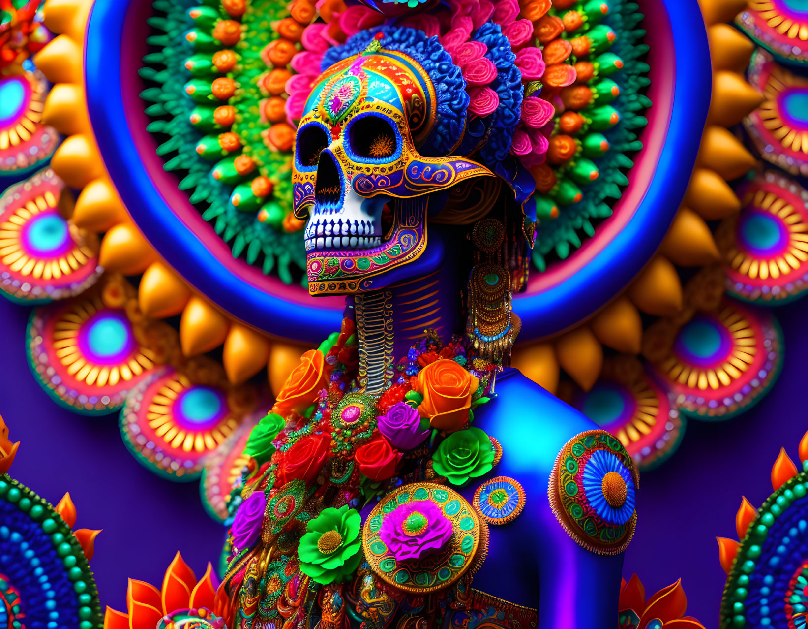 Colorful 3D art: Decorated skull with floral patterns on mandala background