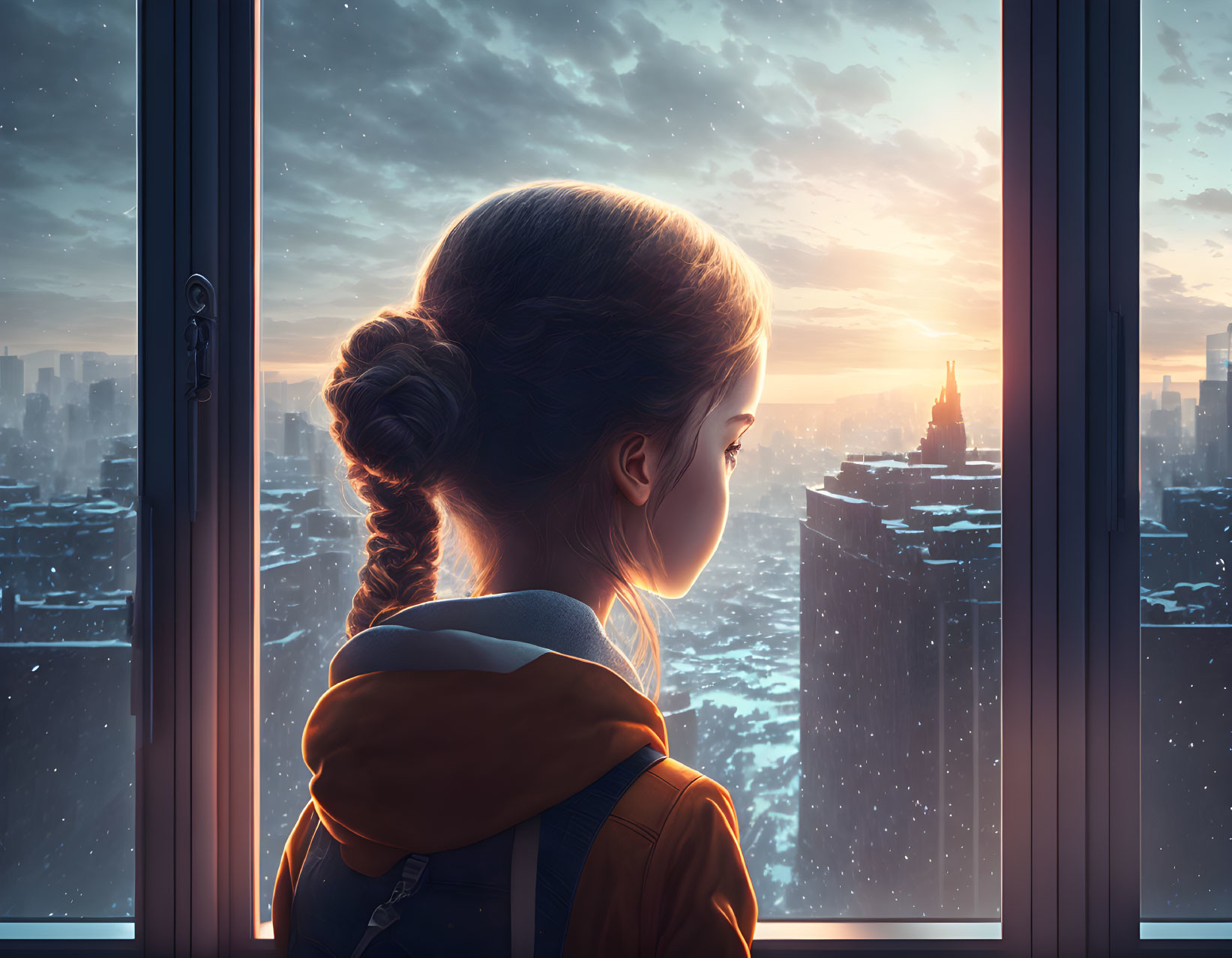 Braided girl gazes at snowy cityscape at sunrise