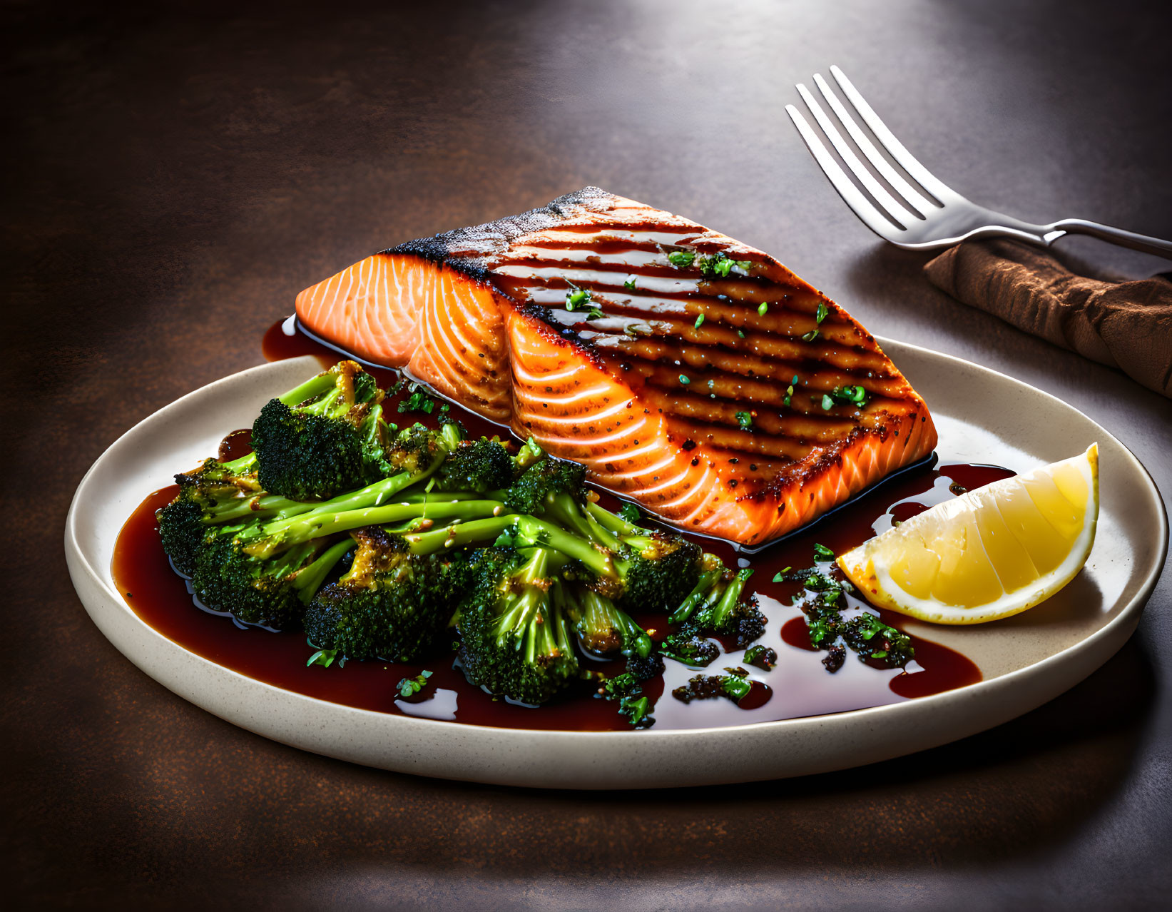 Succulent Grilled Salmon Fillet with Glaze and Broccoli on White Plate