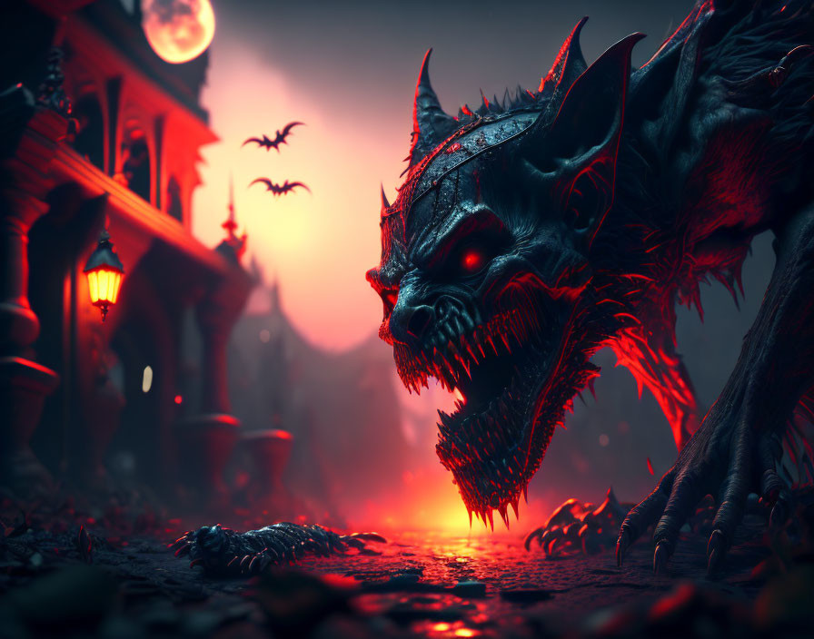 Sinister creature with sharp teeth and horns on cobblestone path at night