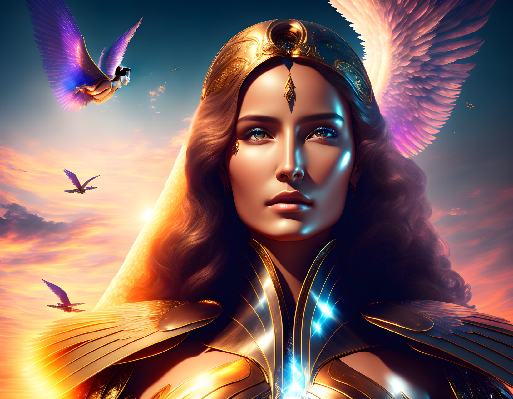 Fantasy woman in golden armor with bird-themed helmet under sunset sky