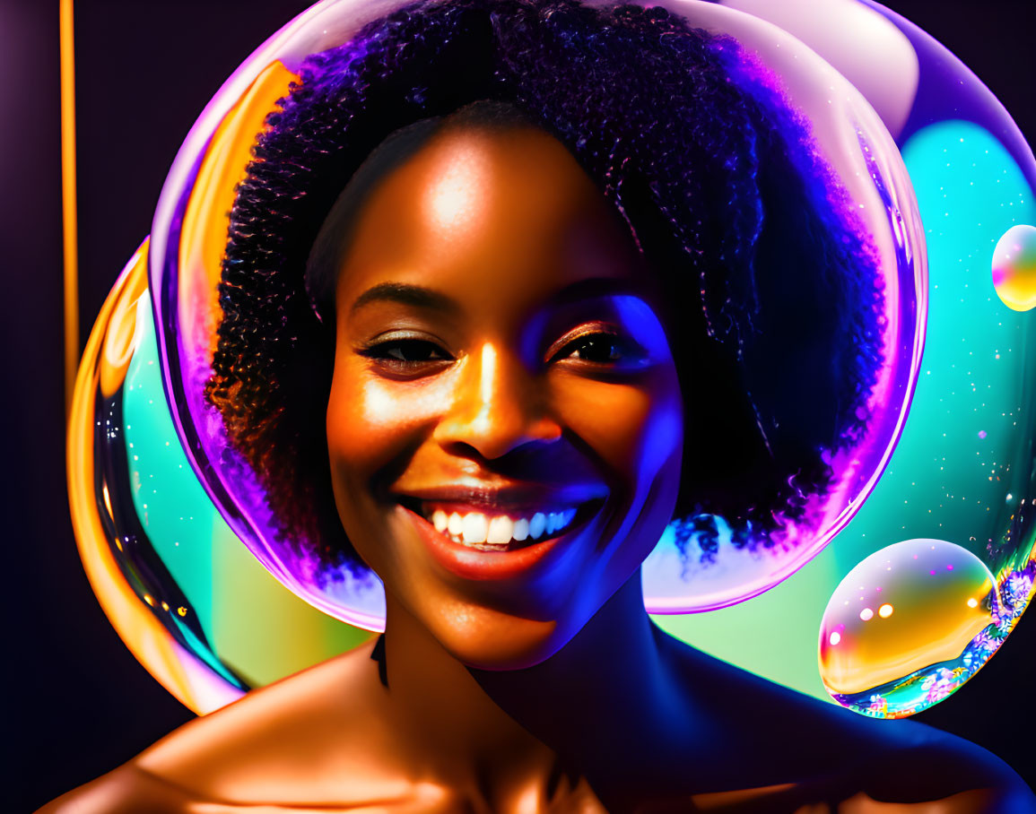 Colorful bubbles frame radiant woman in dark background