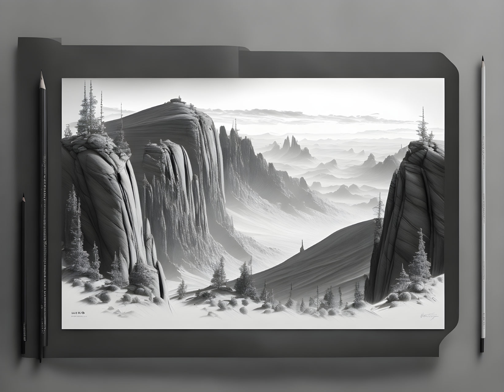 Monochromatic digital art of serene mountain landscape