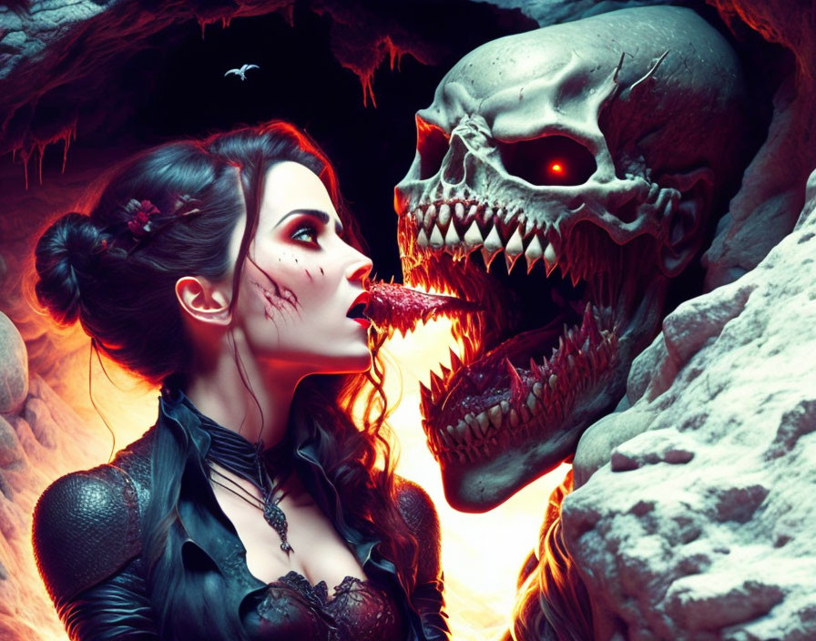 Gothic woman with vampire-like makeup next to glowing-eyed skull