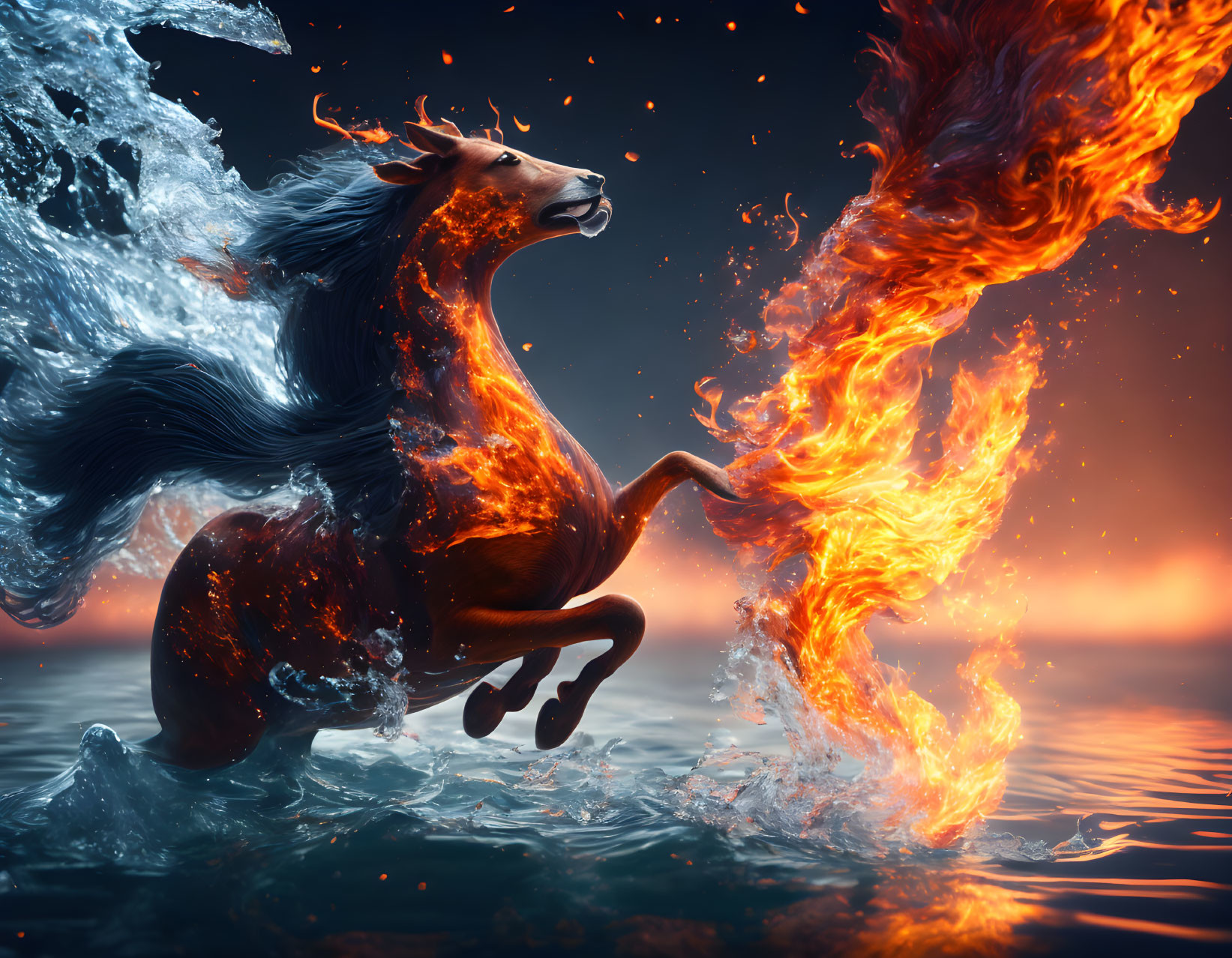 Surreal horse image: front ablaze, back flowing water, fiery sparks, water splashes