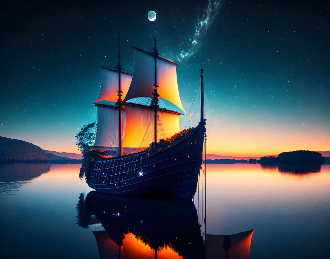 Tall ship with illuminated sails on calm waters under starry sky