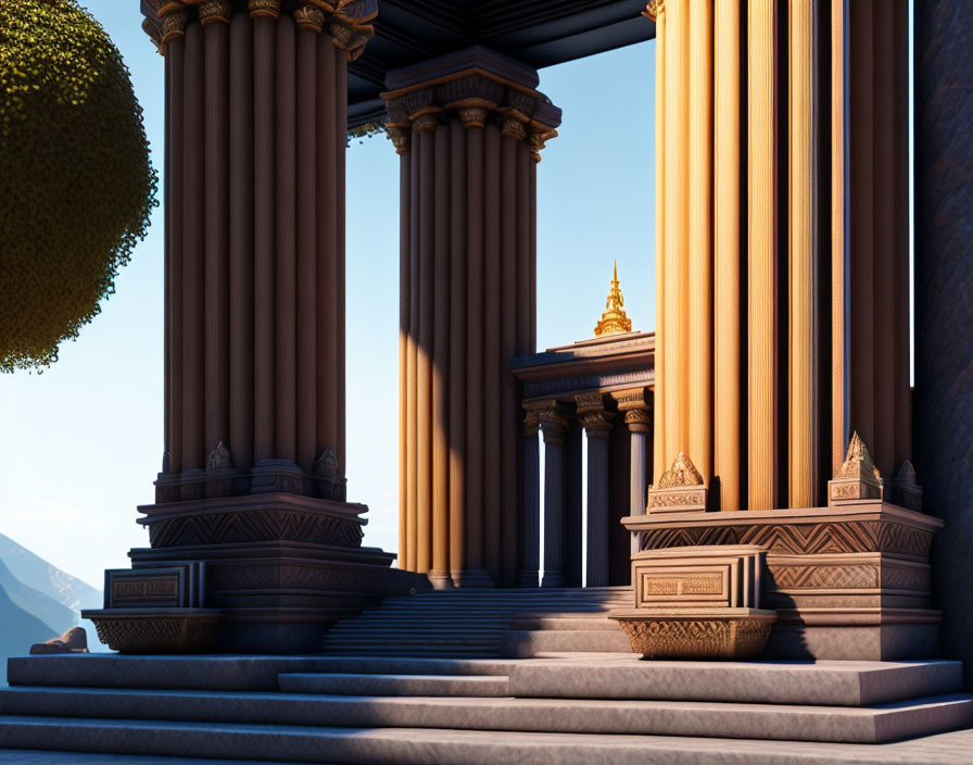 Majestic structure with classical columns and ornate pedestals under clear sky