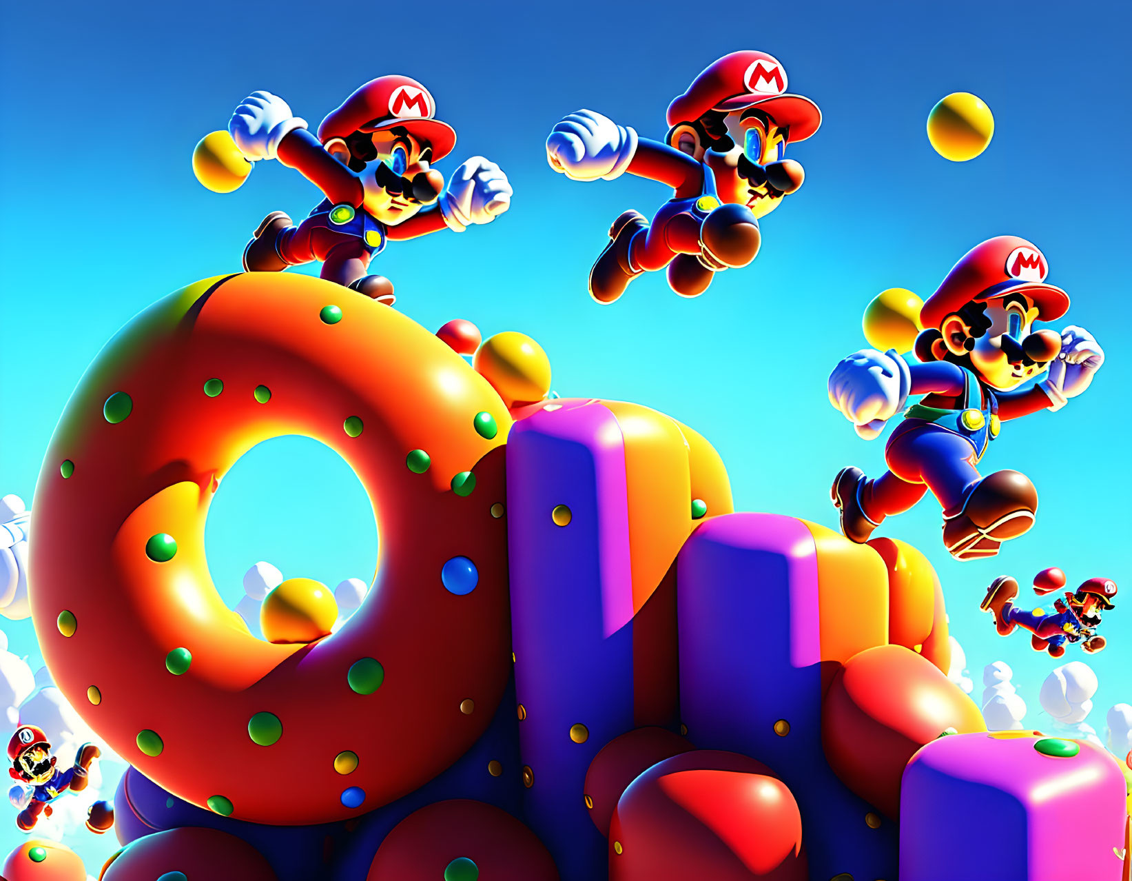 Colorful 3D shapes with Mario characters and gold coins on bright blue background