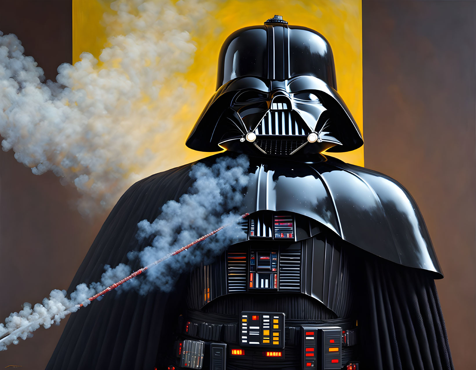 Detailed Darth Vader illustration with smoking helmet on yellow background