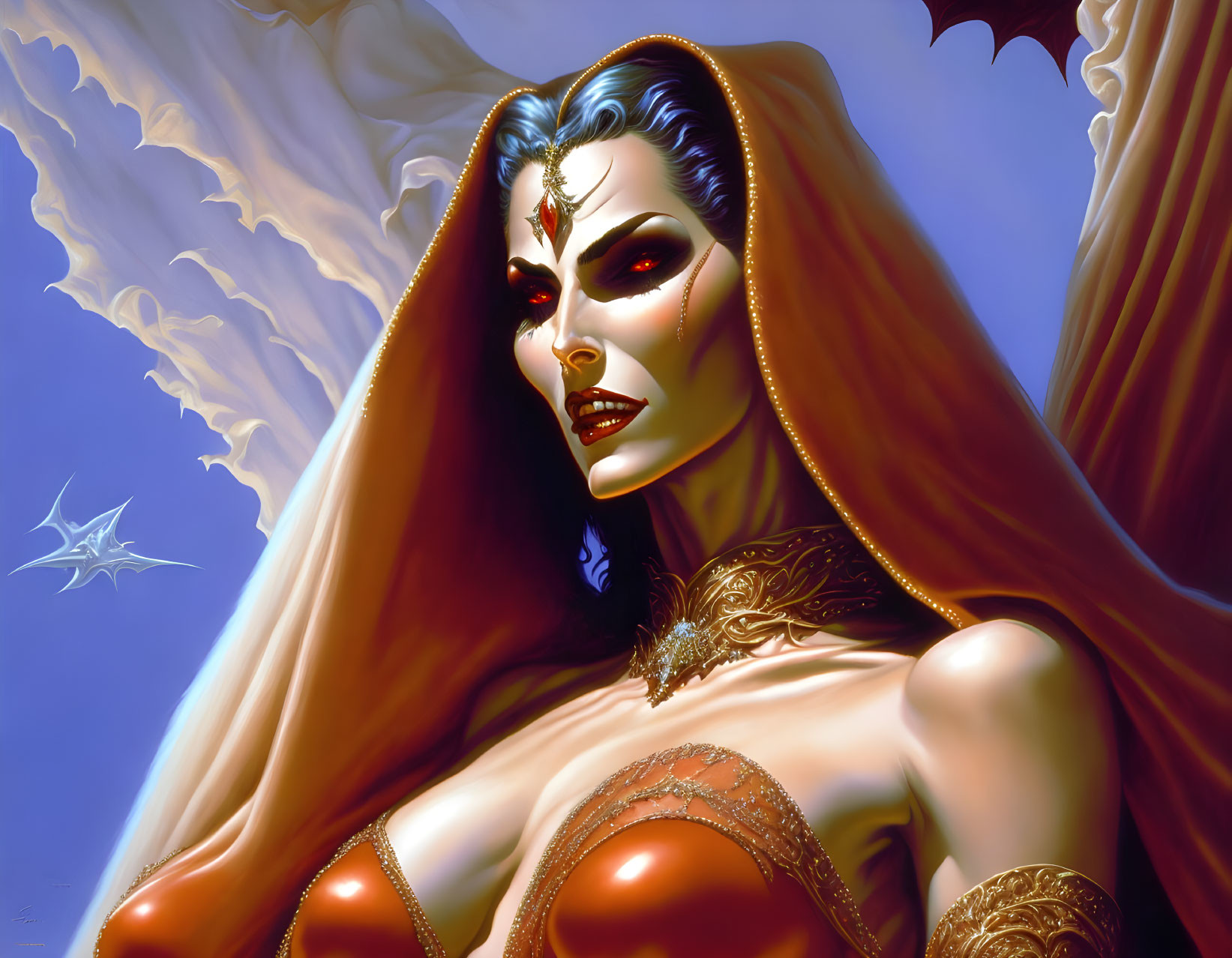 Illustration of female vampire with pale skin, fangs, dark hair, wings, and red gem