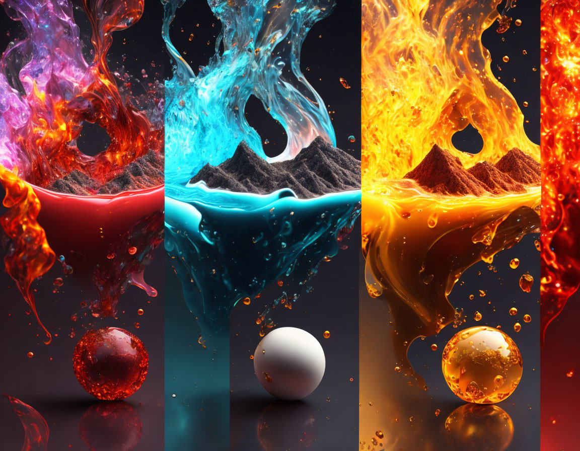 Bowls with splashing liquids: fire, water, lava, with reflective spheres