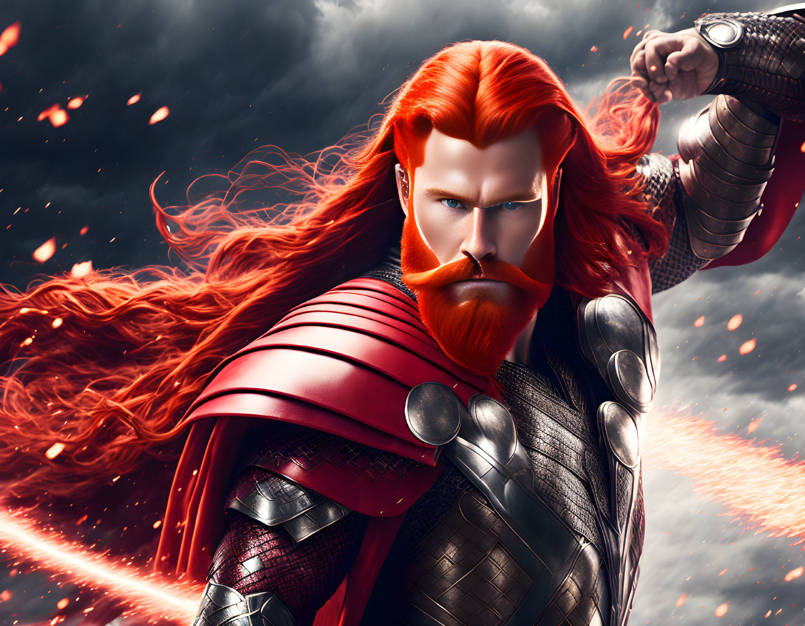 Red-haired bearded male superhero in metallic armor under stormy sky.