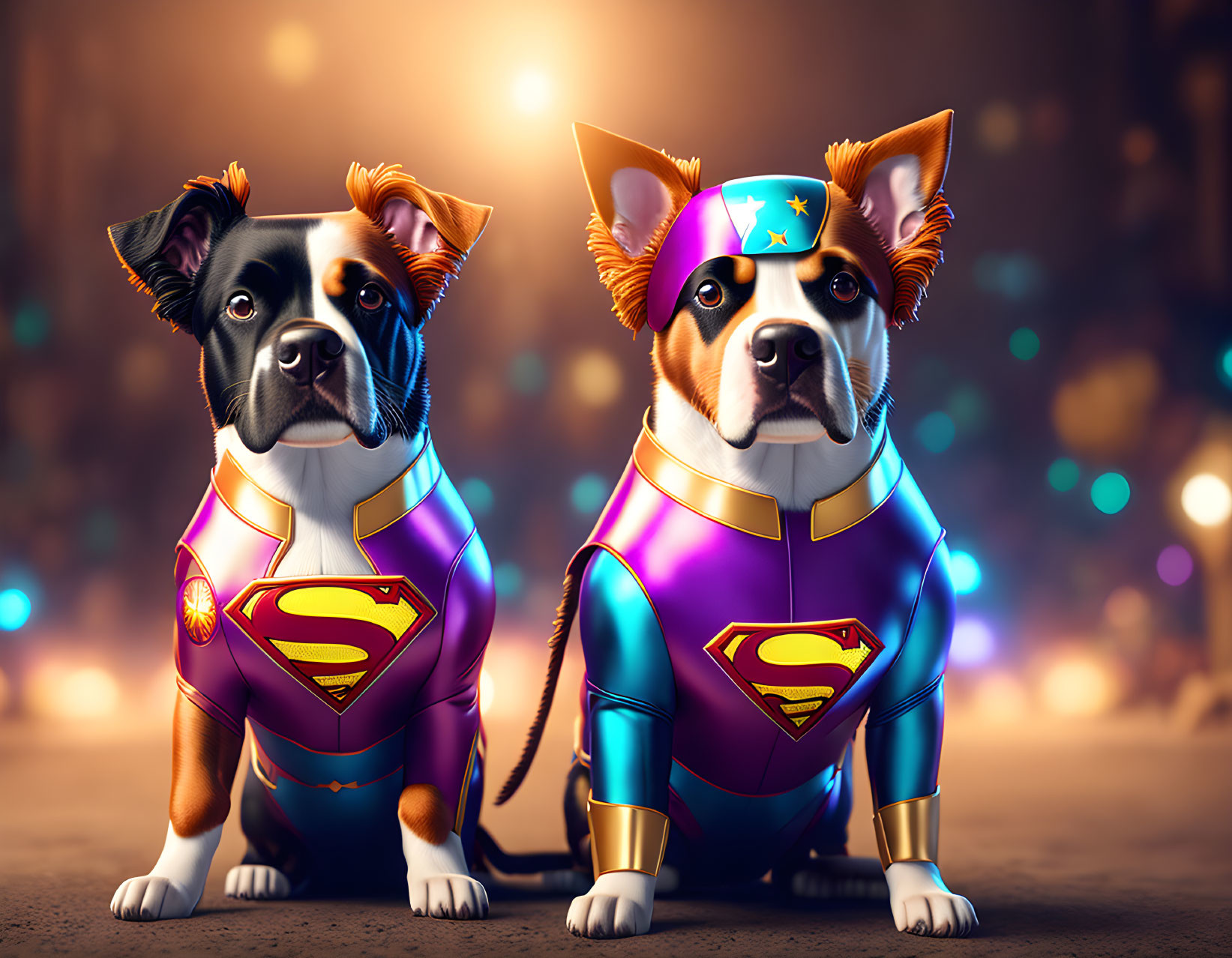 Superhero dogs in capes with Superman emblem on bokeh background