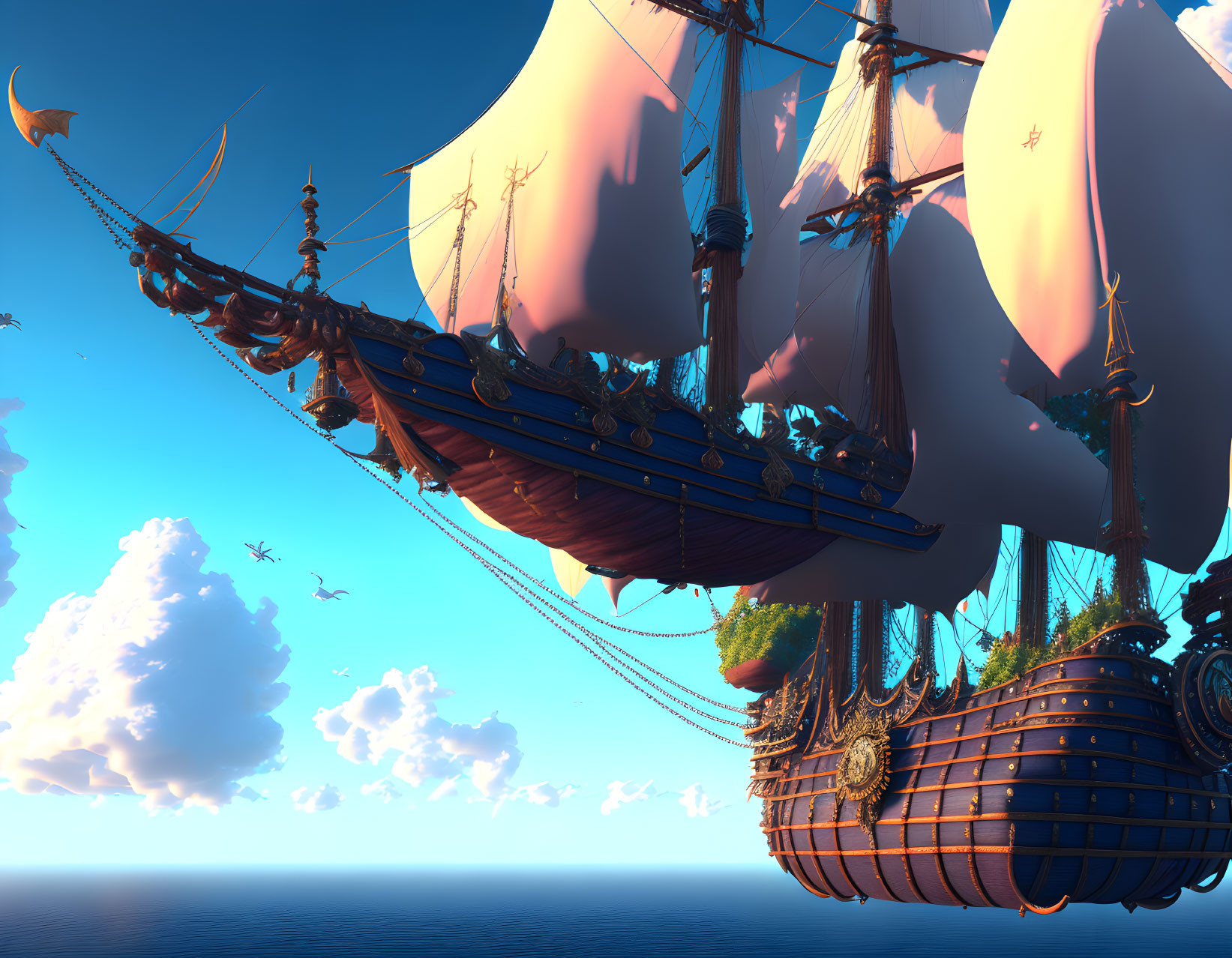 Ornate sailing ship on calm ocean under blue sky