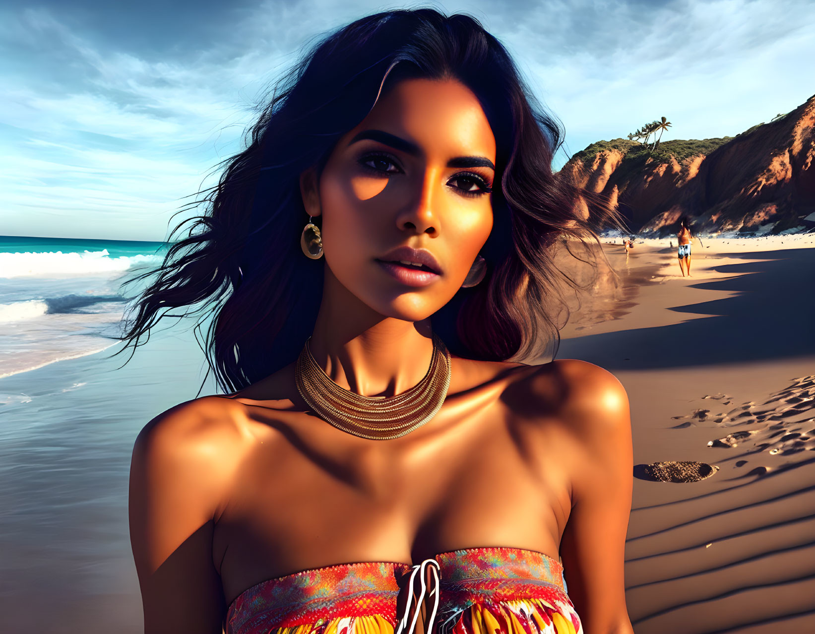 Woman with wavy hair and gold jewelry on sunny beach with blue skies and people walking.