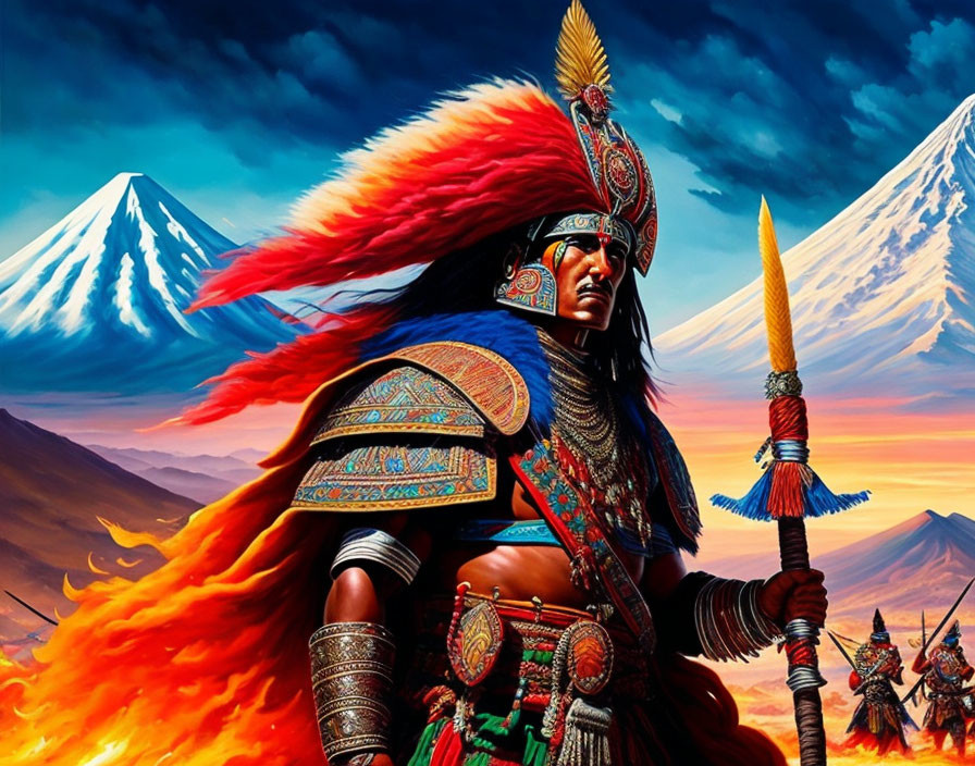 Warrior in traditional armor with spear in fiery terrain and snowy mountains