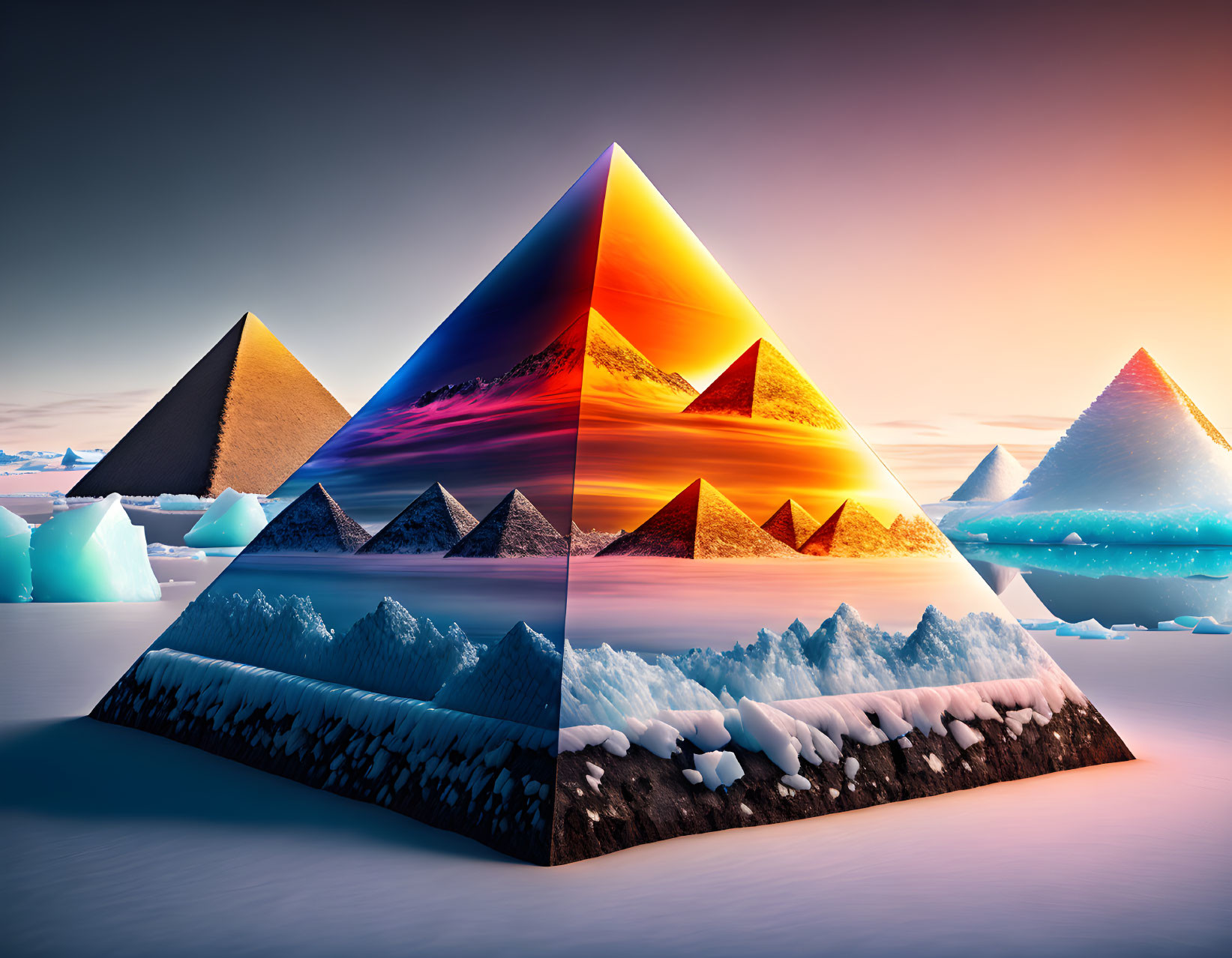 Segmented Pyramid Featuring Various Landscapes on Icy Terrain