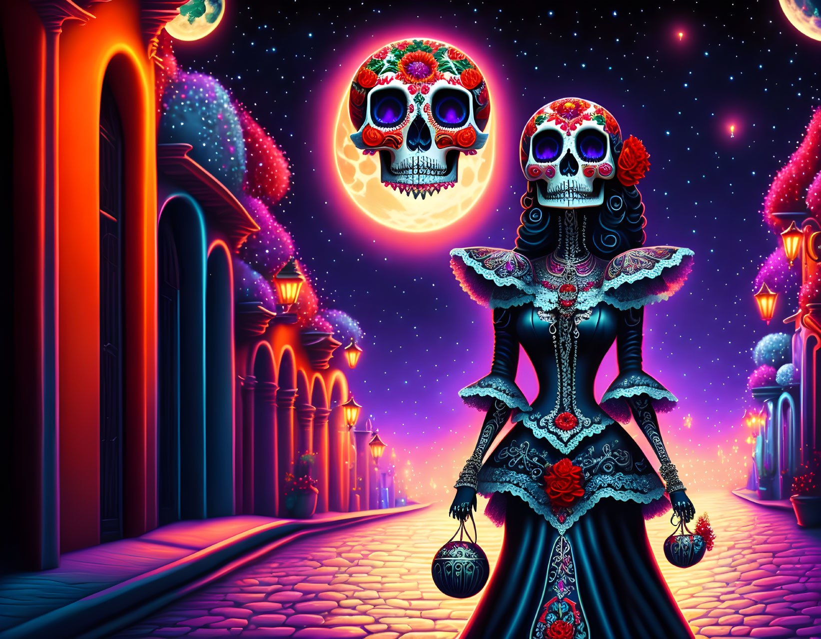 Colorful woman with sugar skull face and two moons in the sky