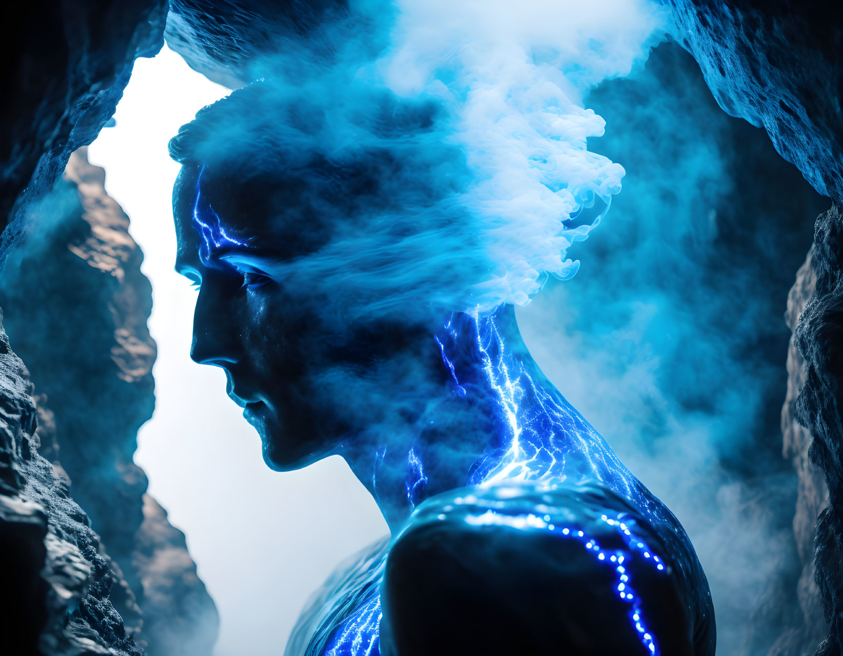 Digital art: Glowing blue figure with smoky head among rocks