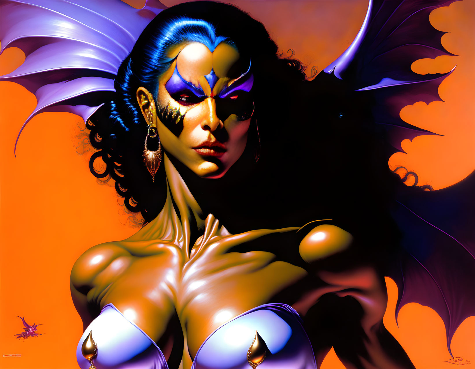 Blue-skinned female superhero with purple wings and gold costume on orange background.