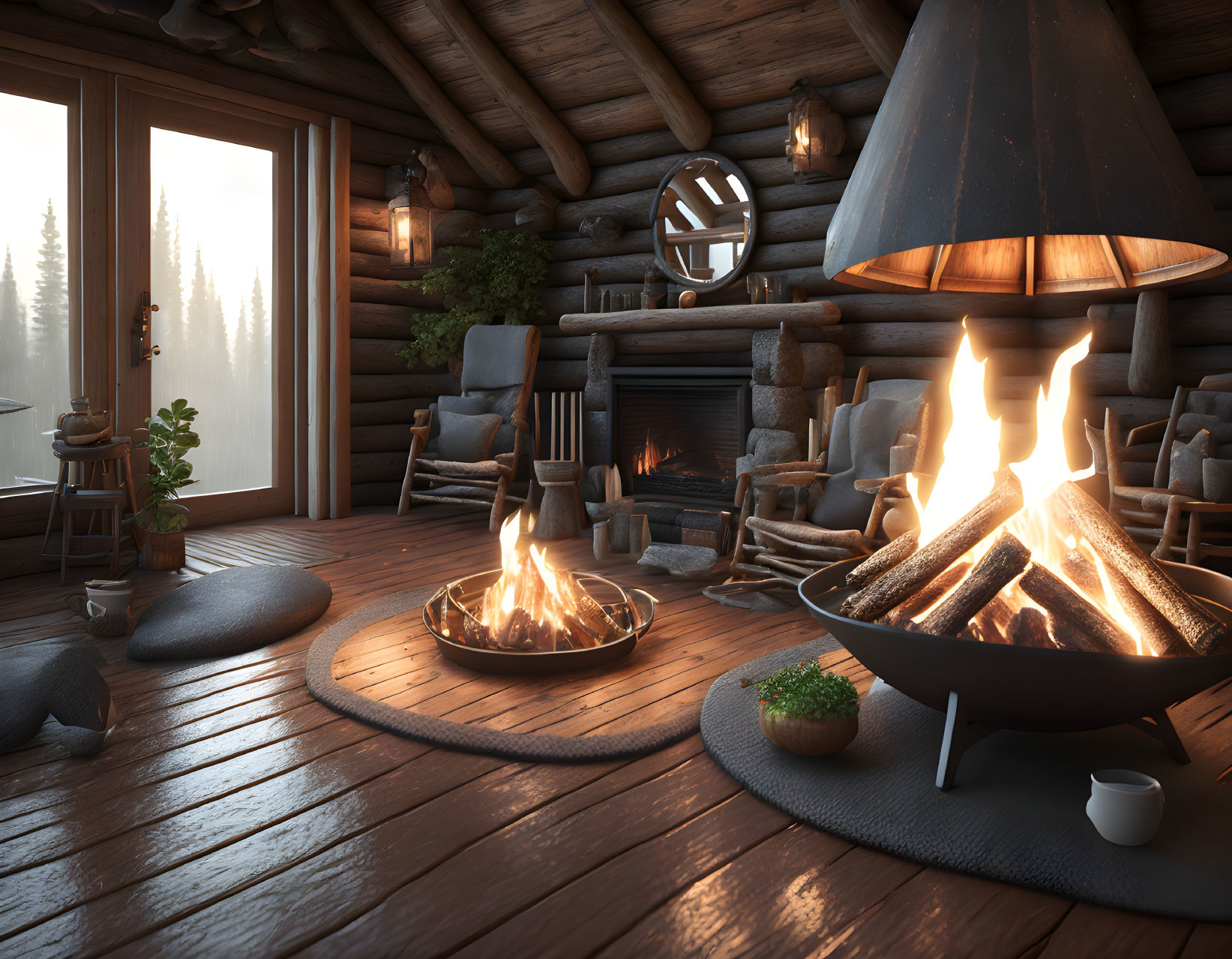 Rustic log cabin interior with fire pit, fireplace, wooden floors, forest view.