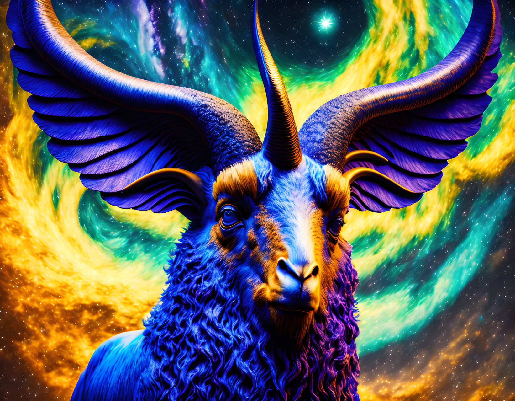 Blue ram with majestic horns in cosmic nebula art