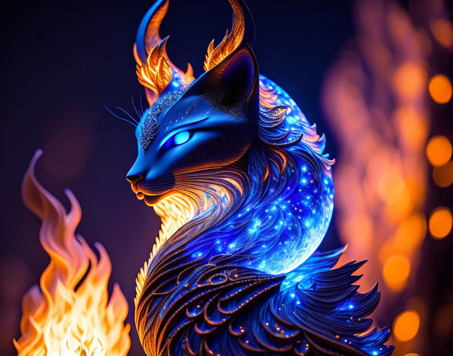 Blue fox sculpture with luminous fur patterns and orange flames on fiery background