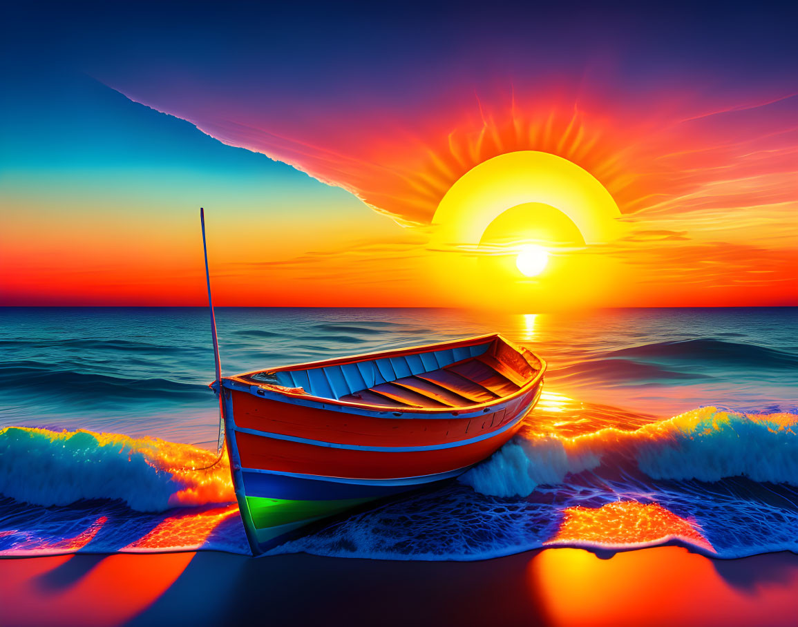 Vibrant beach sunset with sun dipping and red boat on shore