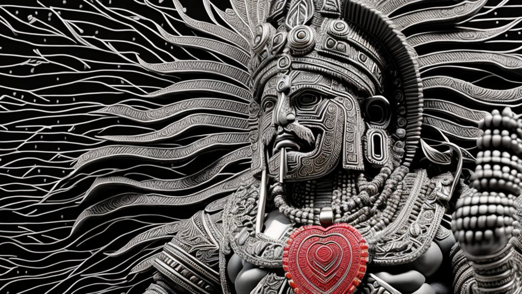 Detailed Monochrome Illustration of Figure in Aztec-Like Armor and Headdress