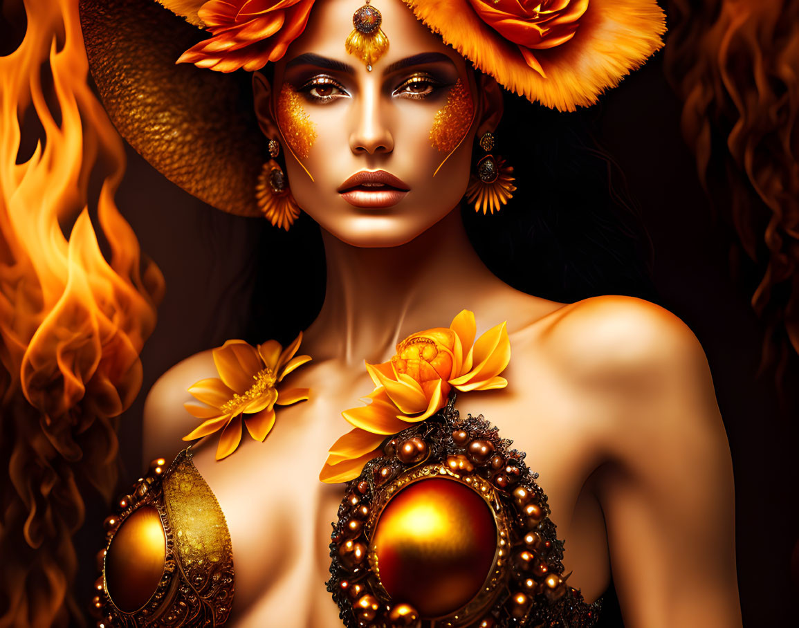 Woman with Striking Makeup and Floral Adornments Against Warm Background