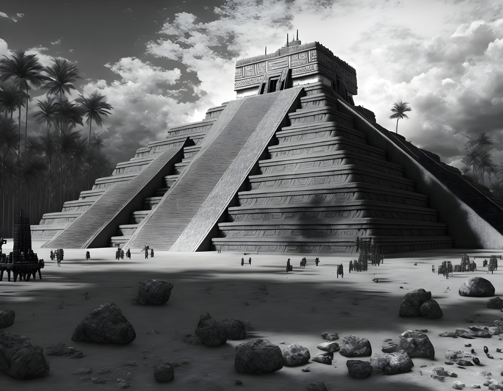 Monochrome Mayan pyramid with palm trees under cloudy sky