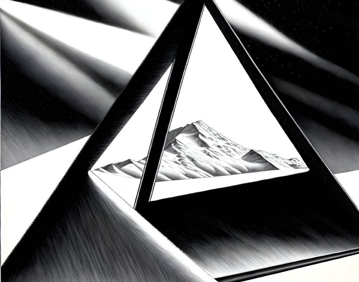 Monochrome abstract art: triangular mountain frame on gradient background