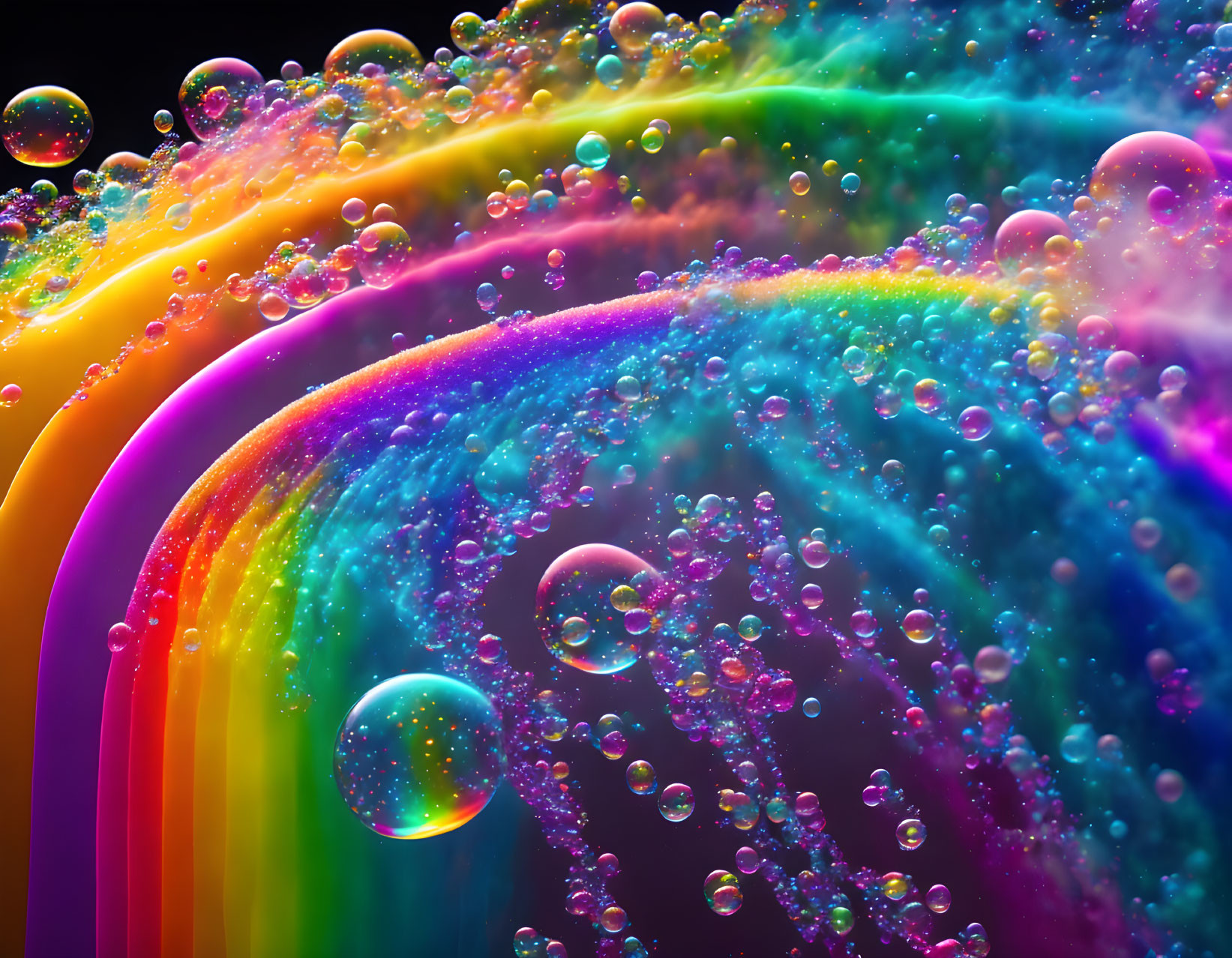 Colorful soap bubbles on rainbow background with iridescent display