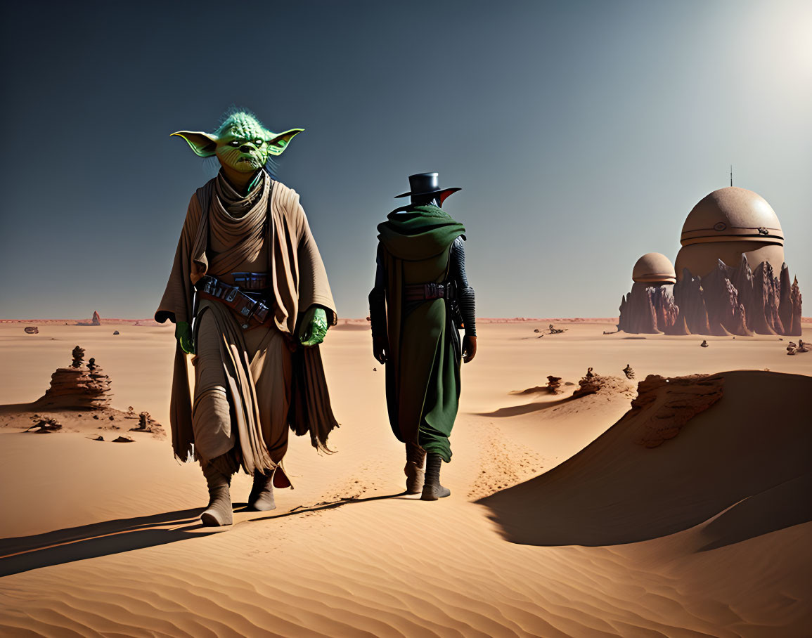 Green alien and bounty hunter in desert with futuristic cityscape.